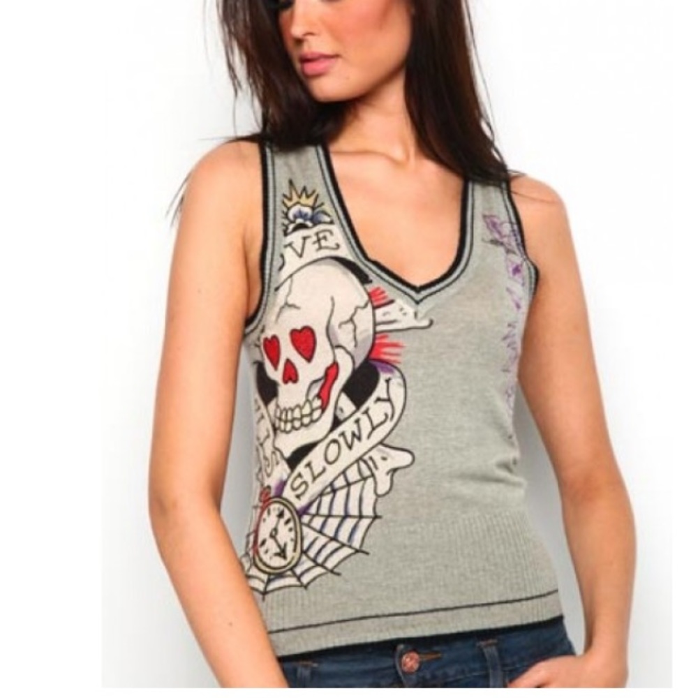 Ed Hardy Love Kills Slowly Knit V-Neck Crop Vest Y2K